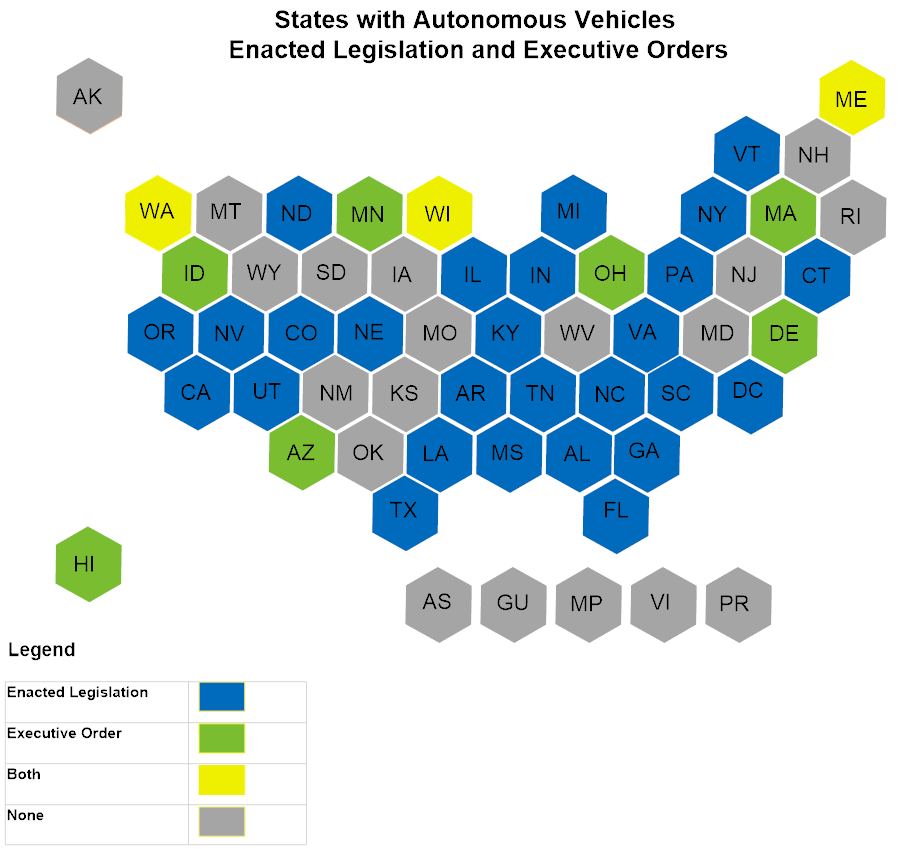 A hex map of state legislative action regarding self-driving cars.
