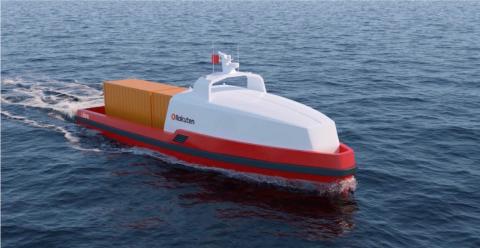 Maritime Robotics and the Rakuten Institute of Technology are studying concepts for unmanned cargo ships, such as the one shown here. Photo: Maritime Robotics and the Rakuten Institute of Technology